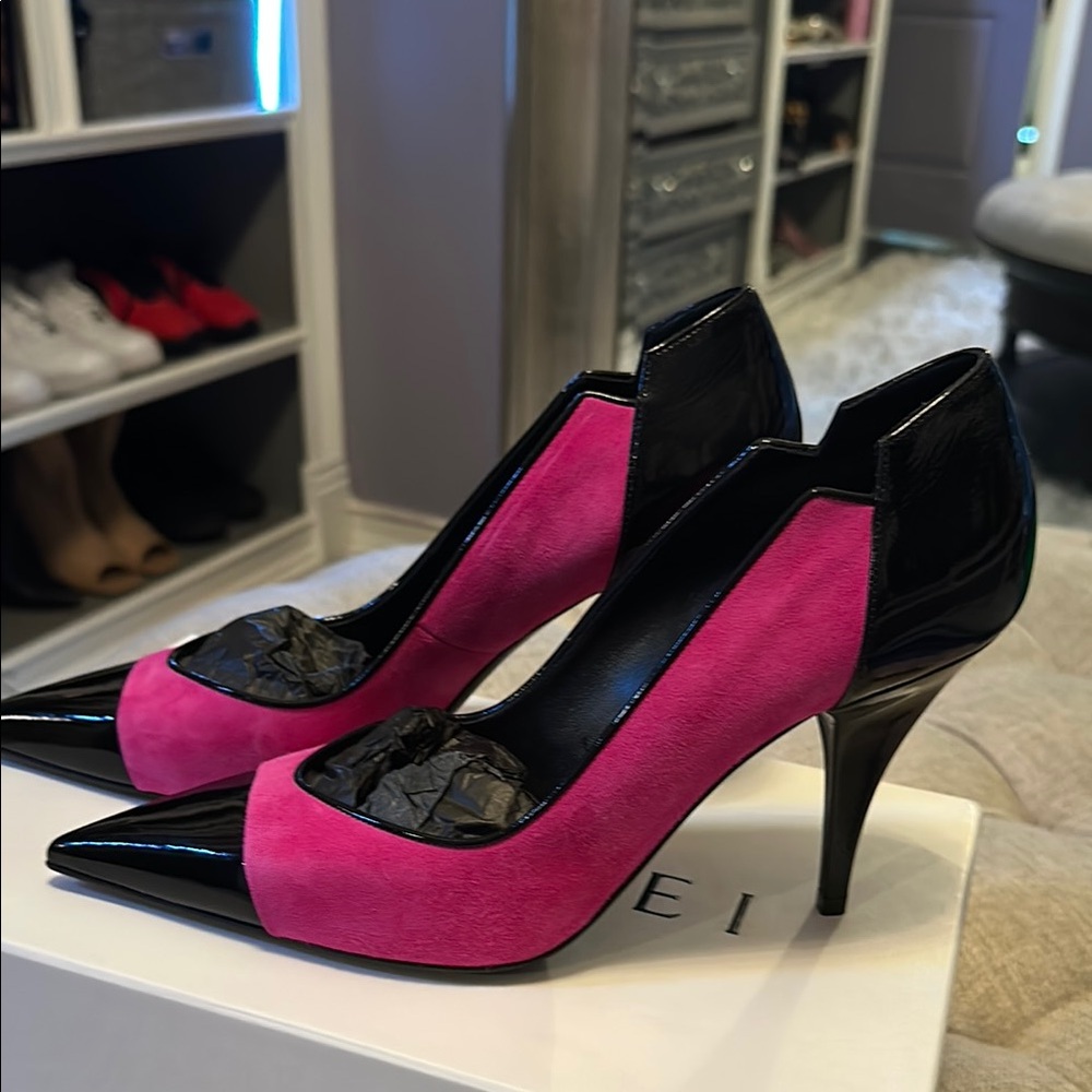 Casadei Pink and Black Heels with Suede and Patent Finish